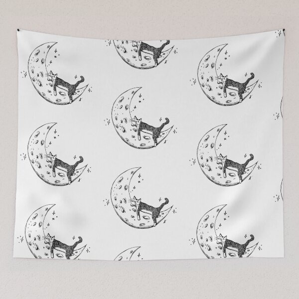 Item preview, Cat Sleeps on Moon - Whimsical Celestial Line Art Black Marker Hand Drawing designed and sold by BOKEbyTC.