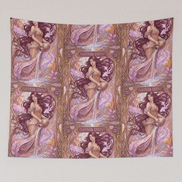 Item preview, Aquarius Zodiac Art Nouveau Anime Design | Celestial Astrology Art in Plum, Rose, Lilac & Gold designed and sold by RSDigitalPrintDesign.