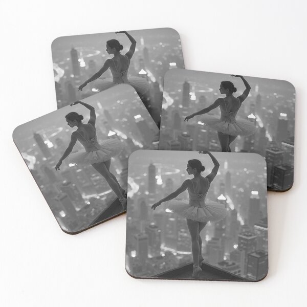 Item preview, Belladonna, ballerina on top of the world girl power beautiful skyline city lights portrait black and white photograph art print designed and sold by Astrid Arkhangelsky.