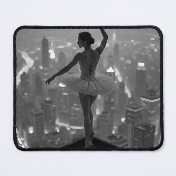 Item preview, Belladonna, ballerina on top of the world girl power beautiful skyline city lights portrait black and white photograph art print designed and sold by Astrid Arkhangelsky.