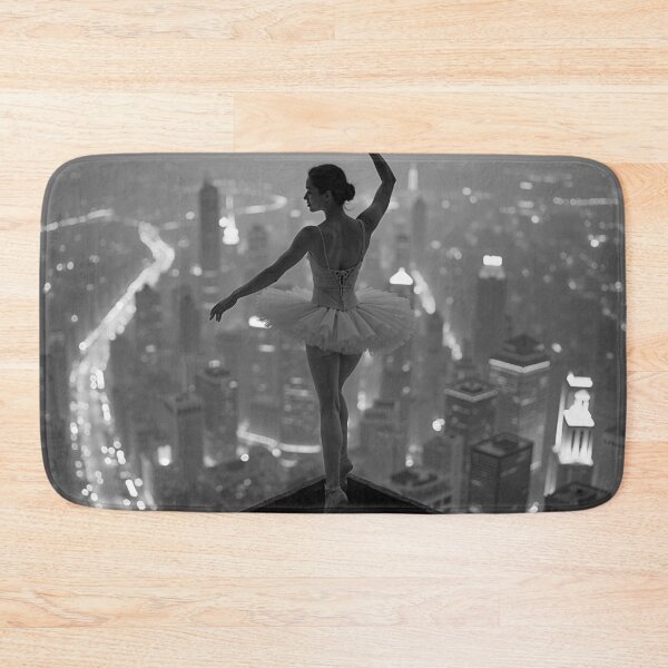 Artikelvorschau, Belladonna, Ballerina auf dem Gipfel der Welt – Girlpower pur! Wunderschöne Skyline, Stadtlichter, Porträt, Schwarz-Weiß-Fotografie, Kunstdruck entworfen und verkauft von Astrid Arkhangelsky.