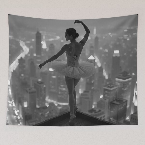 Item preview, Belladonna, ballerina on top of the world girl power beautiful skyline city lights portrait black and white photograph art print designed and sold by Astrid Arkhangelsky.