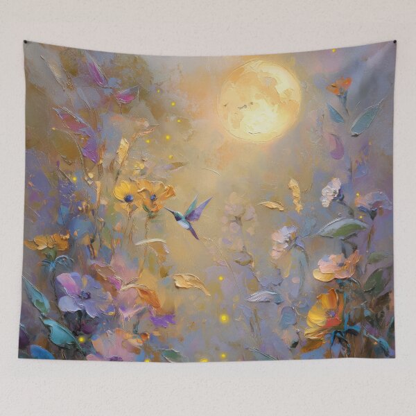 Item preview, Magical flower meadow in moonlight with hummingbird designed and sold by monchie.