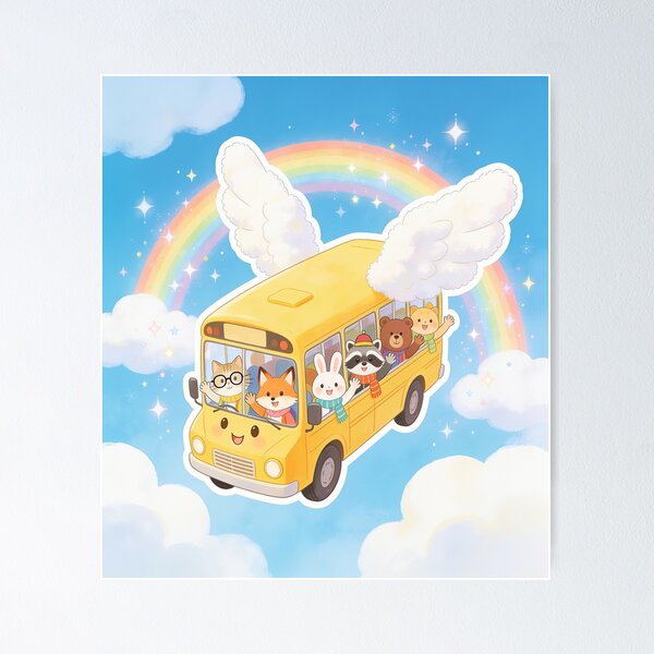 Item preview, Cute Flying School Bus with Animal Friends designed and sold by OksArtStudio.