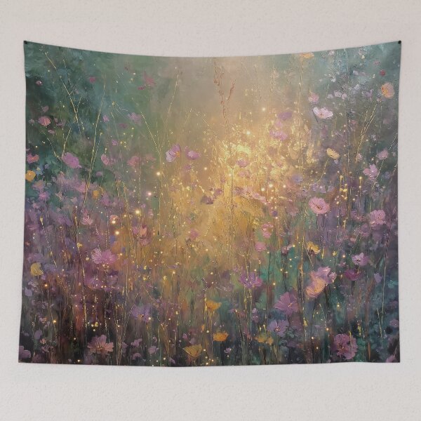Item preview, Magical pink and purple wildflowers in oil painting style with golden accents designed and sold by monchie.