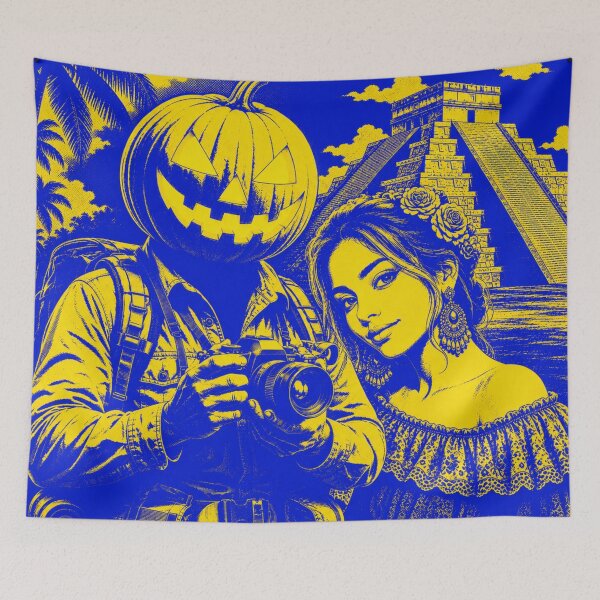 Item preview, Headless Horseman at Chichen Itza - Retro Pop Halloween Art designed and sold by TheHorsemanRidesAgain.