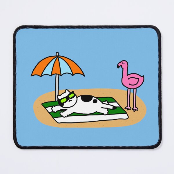 Item preview, a Cat looking at pink flamingo on the beach designed and sold by superbaechoo.