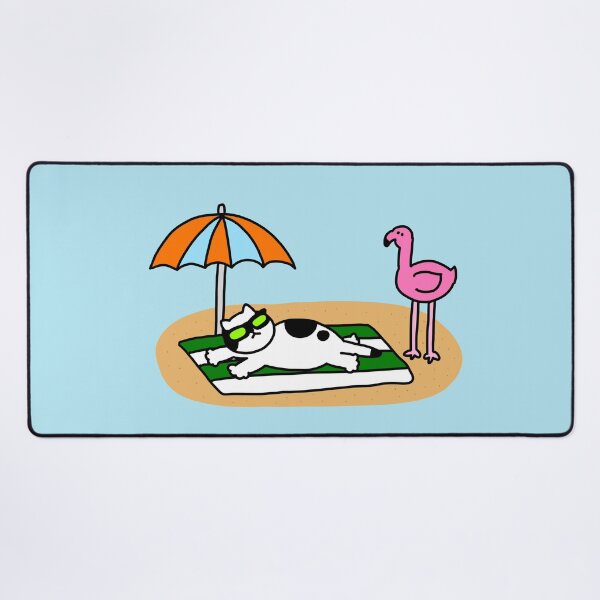 Item preview, a Cat looking at pink flamingo on the beach designed and sold by superbaechoo.