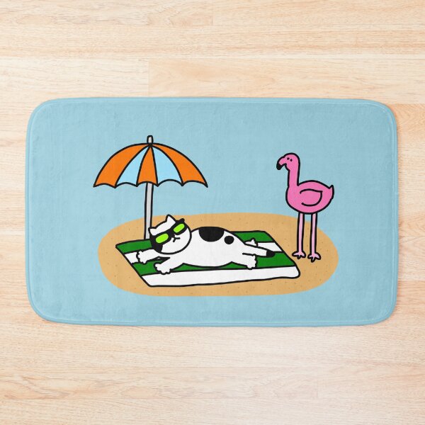 Item preview, a Cat looking at pink flamingo on the beach designed and sold by superbaechoo.