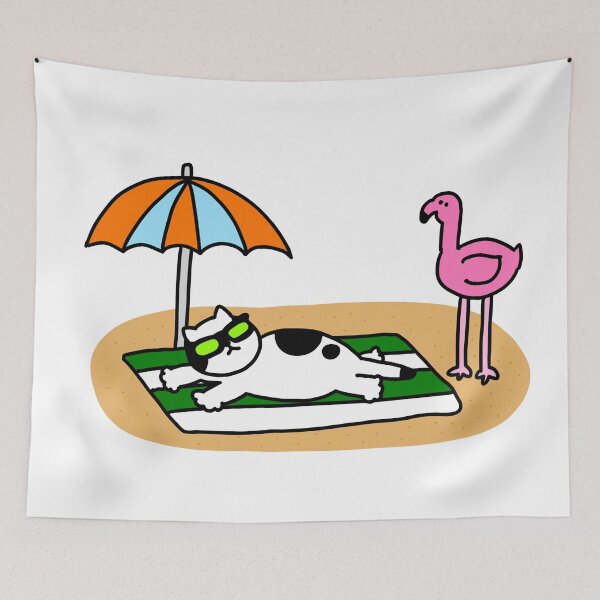 Item preview, a Cat looking at pink flamingo on the beach designed and sold by superbaechoo.