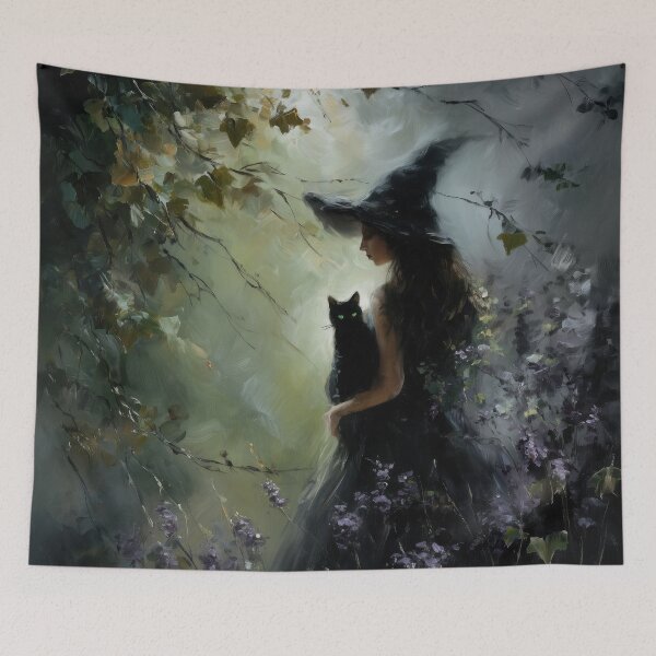 Item preview, Witch with black cat in the mystical forest designed and sold by monchie.