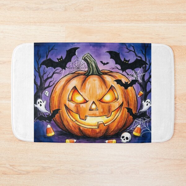Item preview, Spooky Halloween Jack-O-Lantern Pumpkin and Bats Watercolor Art designed and sold by Nela-&-Lena.