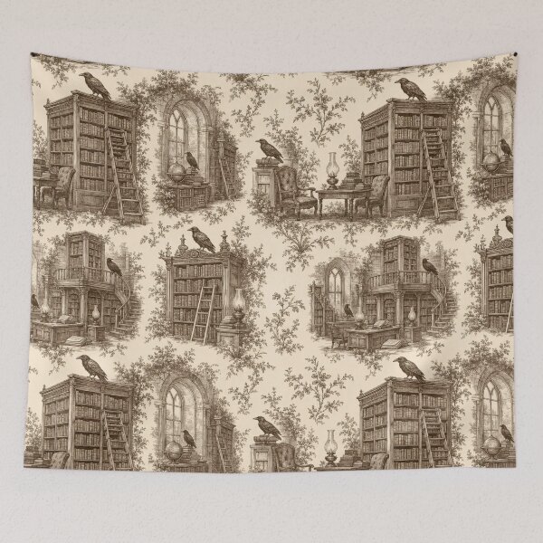 Item preview, Dark Academia Vintage Library Toile in Sepia Ink and Cream designed and sold by StickyGuys.