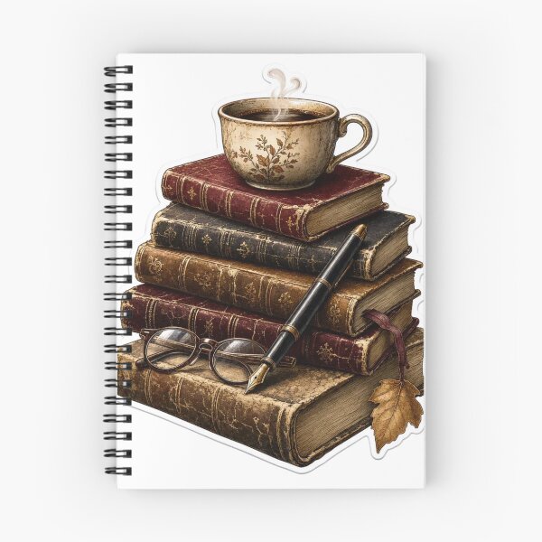 Item preview, Stacked Vintage Books with Coffee and Fountain Pen for Dark Academia designed and sold by StickyGuys.
