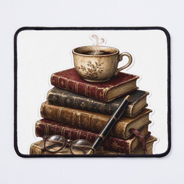 Item preview, Stacked Vintage Books with Coffee and Fountain Pen for Dark Academia designed and sold by StickyGuys.