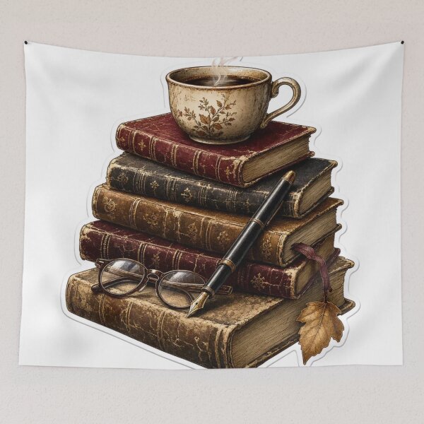 Item preview, Stacked Vintage Books with Coffee and Fountain Pen for Dark Academia designed and sold by StickyGuys.