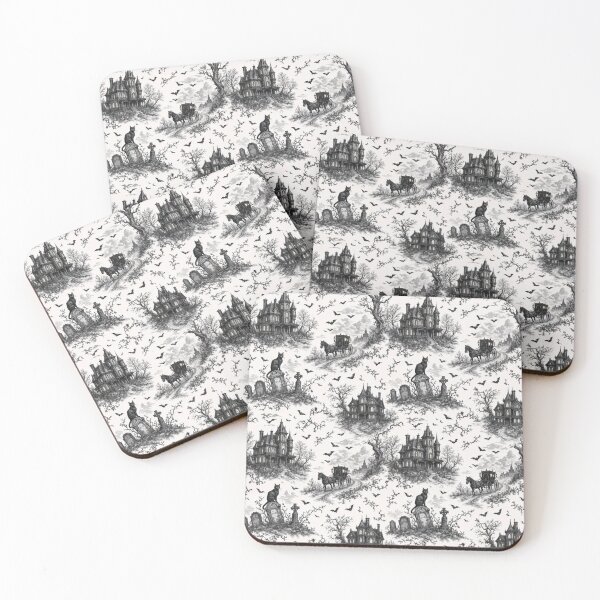 Item preview, Gothic Halloween Toile with Black Cats Bats and Haunted Manor Scenes designed and sold by StickyGuys.