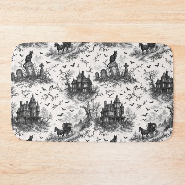 Item preview, Gothic Halloween Toile with Black Cats Bats and Haunted Manor Scenes designed and sold by StickyGuys.