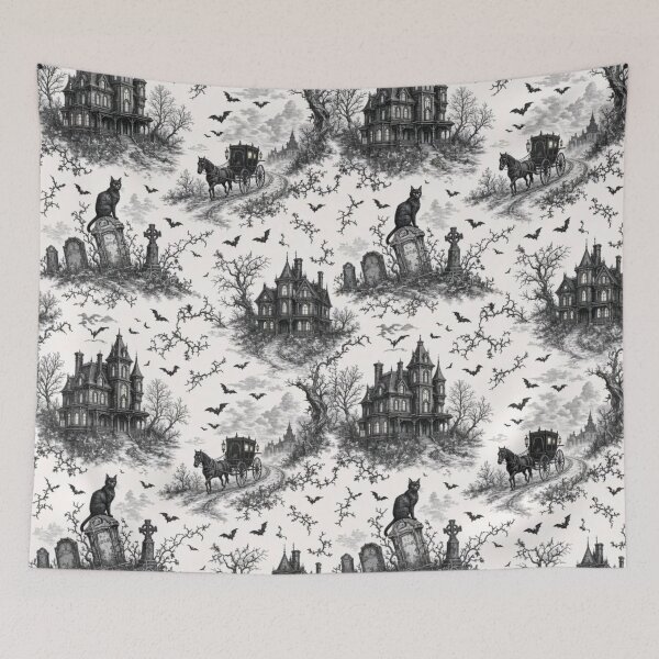 Item preview, Gothic Halloween Toile with Black Cats Bats and Haunted Manor Scenes designed and sold by StickyGuys.