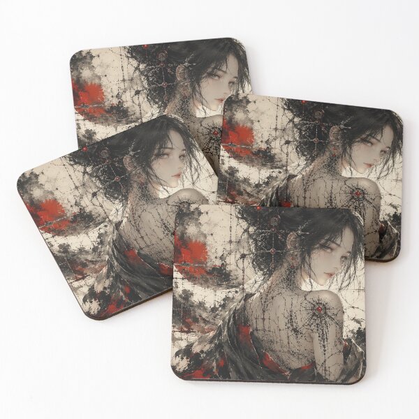 Item preview, Japanese Sumi-e Cyberpunk Geisha with Back Tattoo and Red Sun Poster designed and sold by Japan-kanji-ya.