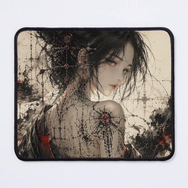Item preview, Japanese Sumi-e Cyberpunk Geisha with Back Tattoo and Red Sun Poster designed and sold by Japan-kanji-ya.