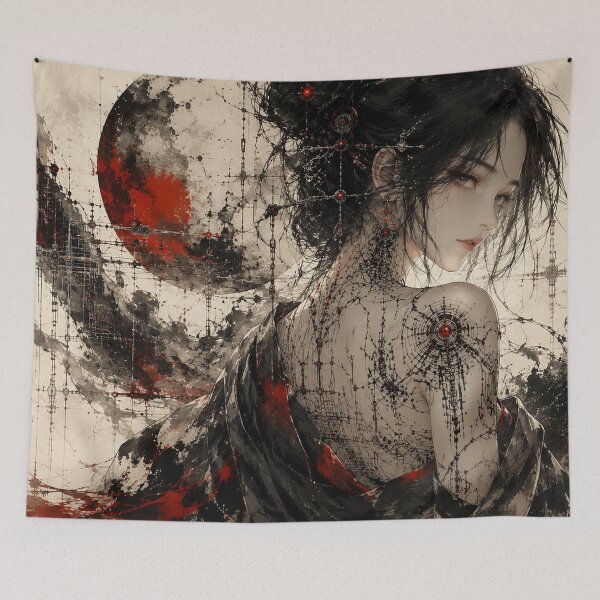 Item preview, Japanese Sumi-e Cyberpunk Geisha with Back Tattoo and Red Sun Poster designed and sold by Japan-kanji-ya.