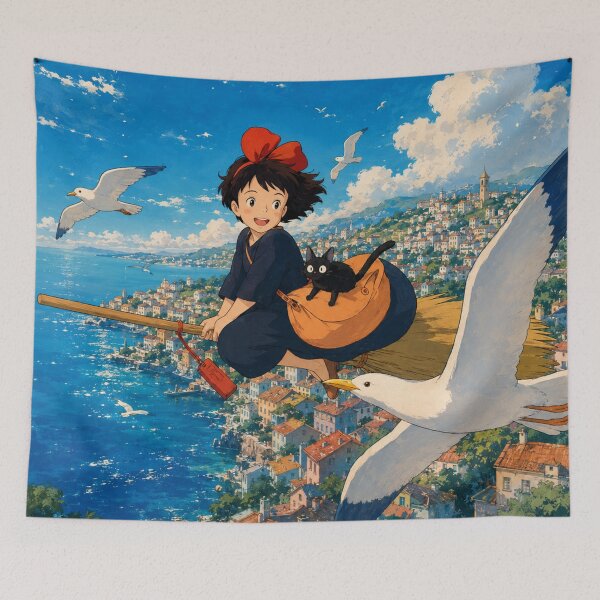 Item preview, Whimsical Flying Witch Girl & Black Cat Coastal Adventure Wall Art | Cute Fantasy Anime-Inspired Seaside Illustration | Magical Travel Decor designed and sold by AbstractAuraArt.
