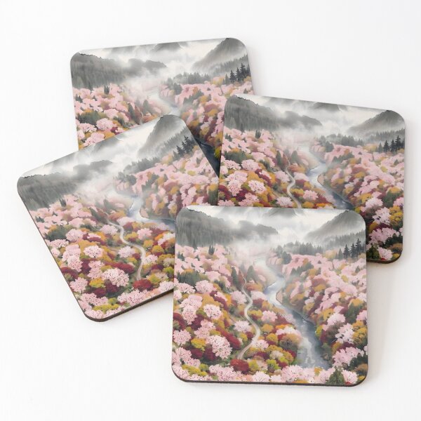 Item preview, Sumi-e Autumn Cherry Blossom and Maple Aerial Landscape designed and sold by conohitoAI-ArtGallery.