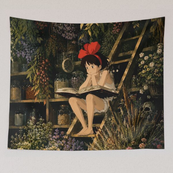 Item preview, Enchanted Herbal Library Wall Art | Whimsical Witch Reading with Black Cat | Botanical Fantasy Cottagecore Decor | Magical Apothecary Illustration designed and sold by AbstractAuraArt.
