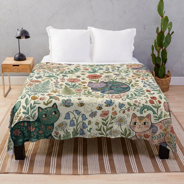 Item preview, Whimsical Folk Art Cat Floral Pattern designed and sold by Iampoji.