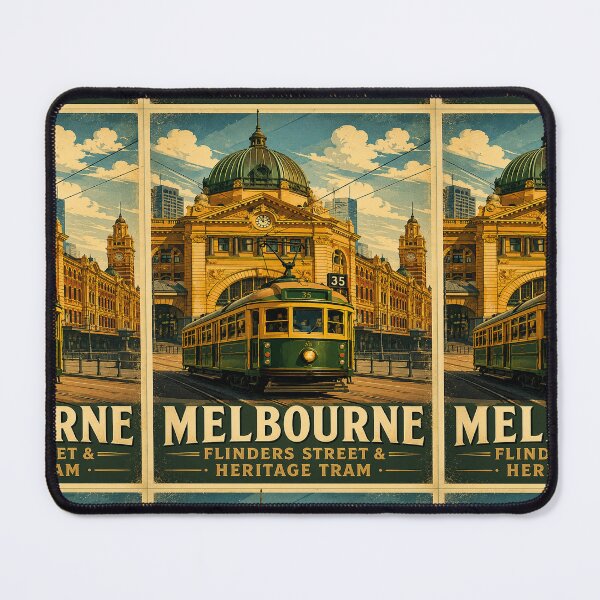 Item preview, Melbourne Flinders Street & Heritage Tram Vintage Travel Poster | Retro Australia City Landmark designed and sold by Globalcitytees.
