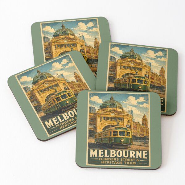 Item preview, Melbourne Flinders Street & Heritage Tram Vintage Travel Poster | Retro Australia City Landmark designed and sold by Globalcitytees.