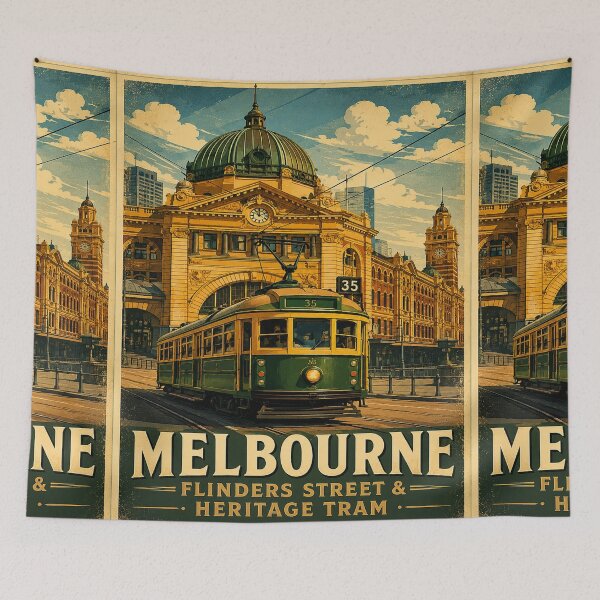 Item preview, Melbourne Flinders Street & Heritage Tram Vintage Travel Poster | Retro Australia City Landmark designed and sold by Globalcitytees.