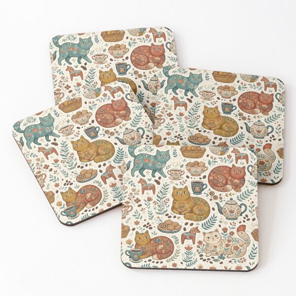 Item preview, Cozy Folk Art Cats Coffee Pattern designed and sold by Iampoji.