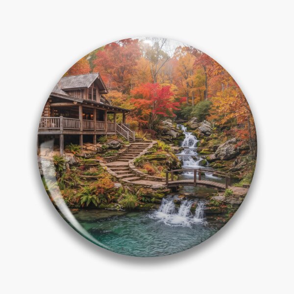 Item preview, Autumn Stream Sanctuary - Cozy Mountain Cabin Art Print designed and sold by BlareBlare.
