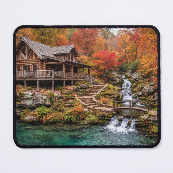 Item preview, Autumn Stream Sanctuary - Cozy Mountain Cabin Art Print designed and sold by BlareBlare.