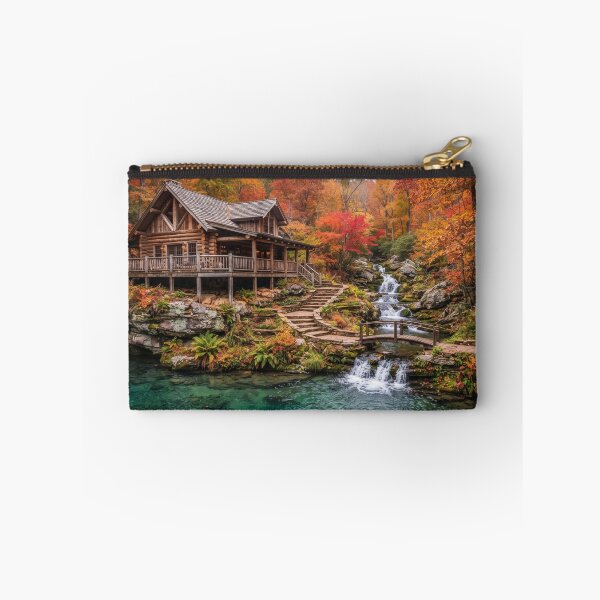 Item preview, Autumn Stream Sanctuary - Cozy Mountain Cabin Art Print designed and sold by BlareBlare.