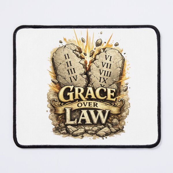 Item preview, Grace over Law typography with broken stone tablets designed and sold by DVerse Studio.