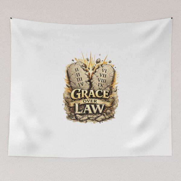 Item preview, Grace over Law typography with broken stone tablets designed and sold by DVerse Studio.