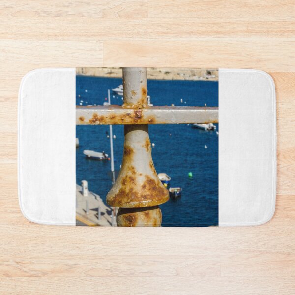 Item preview, Rusty Metal Railing Baluster Overlooking Blue Sea and Harbor Boats designed and sold by Nmallia.