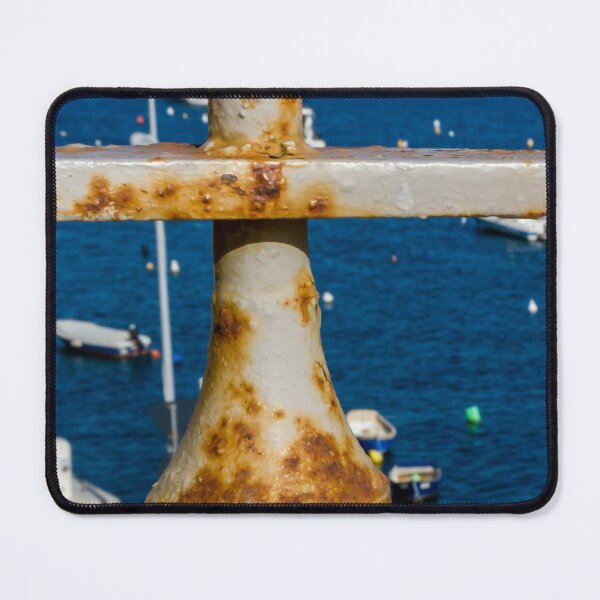 Item preview, Rusty Metal Railing Baluster Overlooking Blue Sea and Harbor Boats designed and sold by Nmallia.