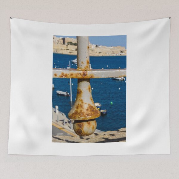 Item preview, Rusty Metal Railing Baluster Overlooking Blue Sea and Harbor Boats designed and sold by Nmallia.