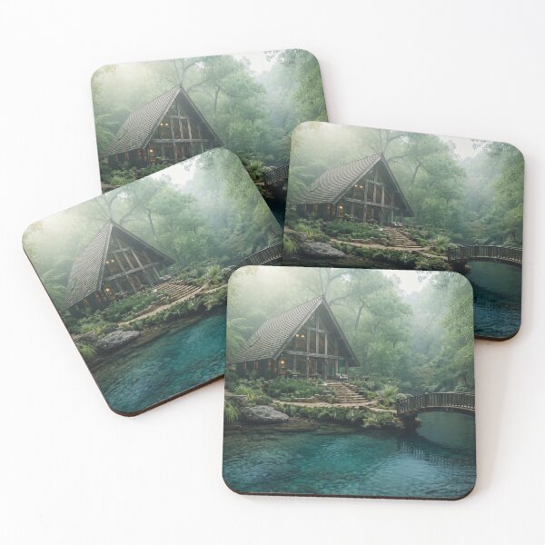 Item preview, Deep Forest Hideaway, Moody A-Frame Cabin and River Bridge designed and sold by BlareBlare.