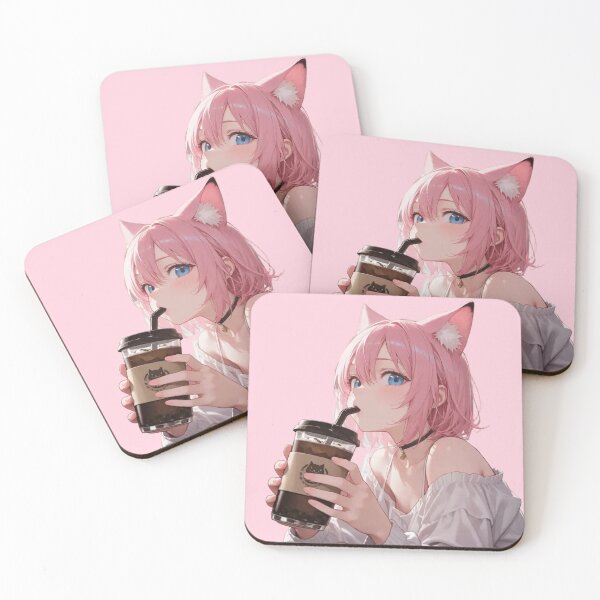 Item preview, Cute Anime Cat Girl Drinking Iced Coffee - Kawaii Neko Pink Hair Art designed and sold by BLUESKY11a.