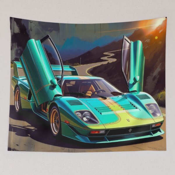 Item preview, Turquoise Supercar at Sunset | Neon Exotic Car Retro Vector Art designed and sold by Nexus Space.