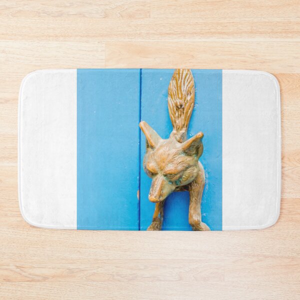 Item preview, Brass Fox Door Knocker On Bright Blue Wooden Door With Vintage Patina And Decorative Detail designed and sold by Nmallia.