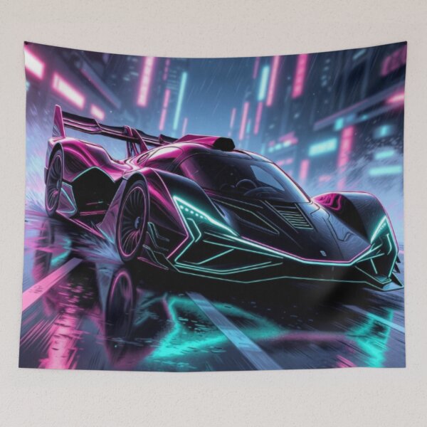 Item preview, Neon Cyber Hypercar | Futuristic Synthwave Supercar in the Rain designed and sold by Nexus Space.