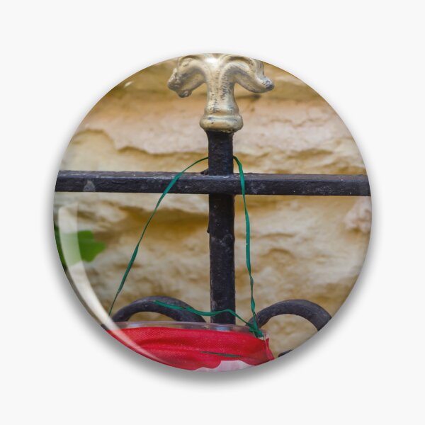 Item preview, Decorative Hanging Jar With Fabric Flowers on Iron Fence Near Stone Wall designed and sold by Nmallia.