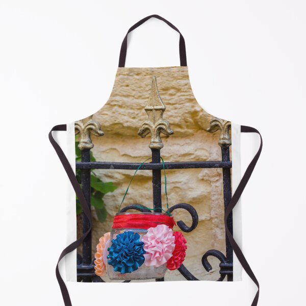 Item preview, Decorative Hanging Jar With Fabric Flowers on Iron Fence Near Stone Wall designed and sold by Nmallia.