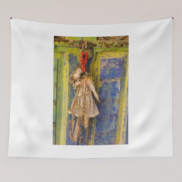 Item preview, Vintage Hanging Doll Talisman On Colorful Weathered Door With Red Ribbon And Lace designed and sold by Nmallia.